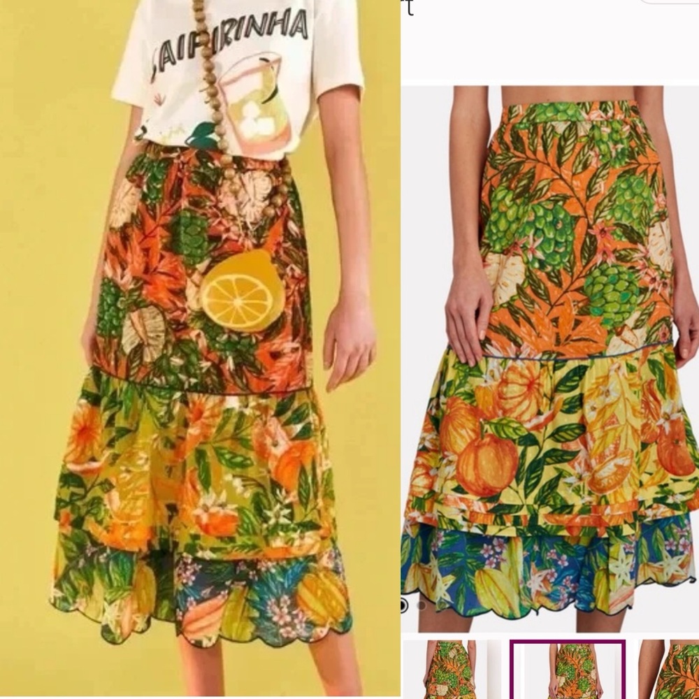 Farm Rio Orange and Green Tiered Midi Skirt for Casual Wear